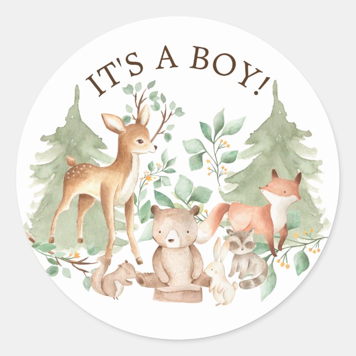 Woodland Forest Animals It' a Boy Favor Sticker | Zazzle.com