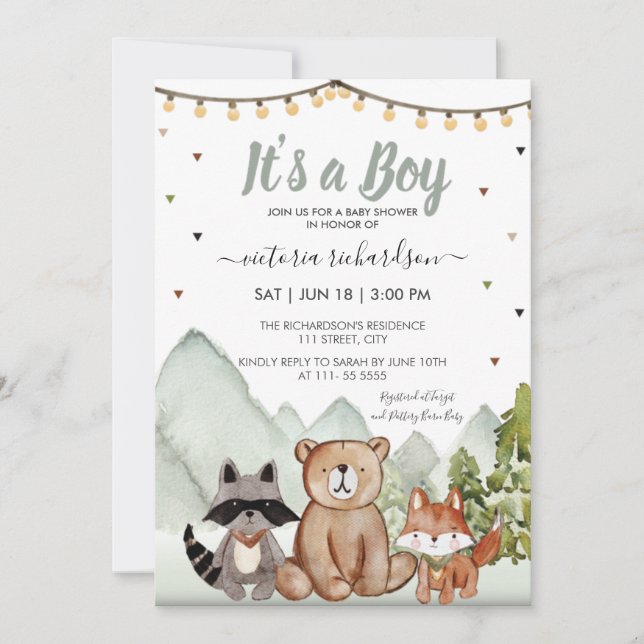 Woodland Forest Animals It's a Boy Rustic Invitation (Front)