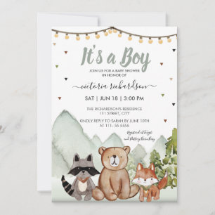 Woodland Forest Animals It's a Boy Rustic Invitation