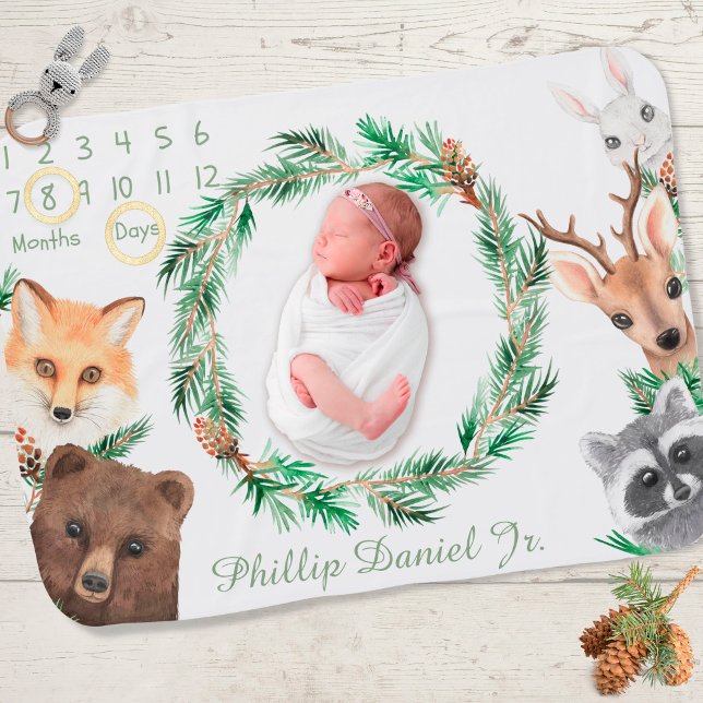 Woodland Forest Animals Monthly Milestone Baby Blanket (Creator Uploaded)