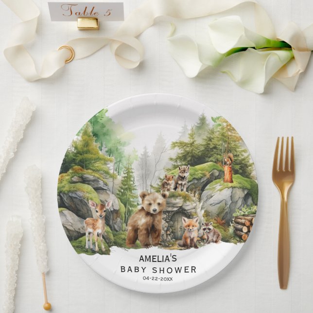 Woodland Forest Animals Neutral Green Baby Paper Plates (Wedding)