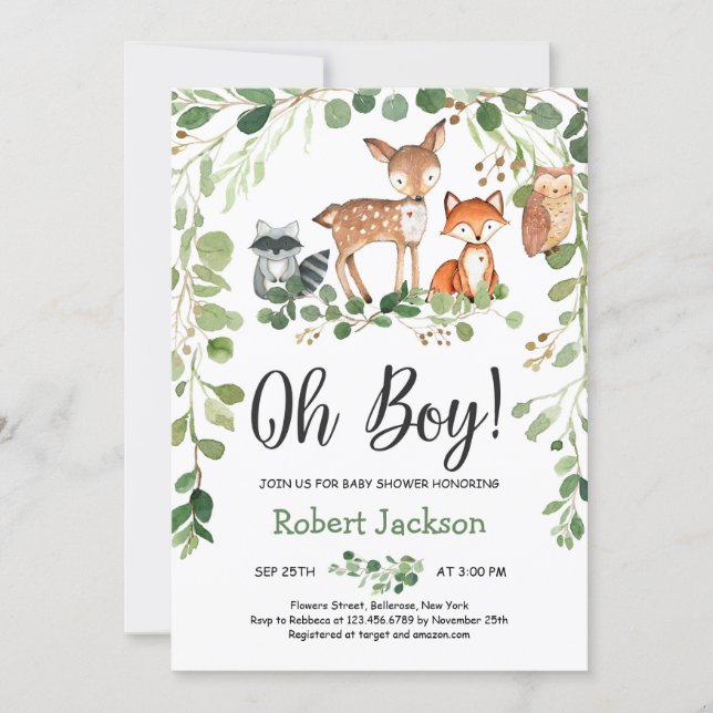 Woodland forest animals oh boy baby shower invitation (Front)
