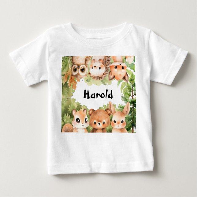 Woodland Forest Animals Personalized Boy Baby T-Shirt (Front)