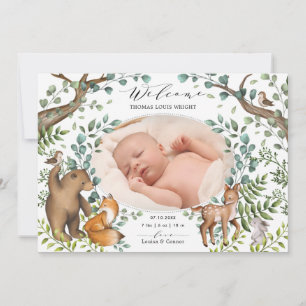 Woodland Forest Animals Photo Birth Announcement