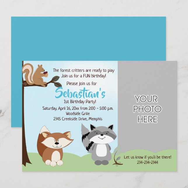 Woodland Forest Animals Photo Birthday Card (Front/Back)