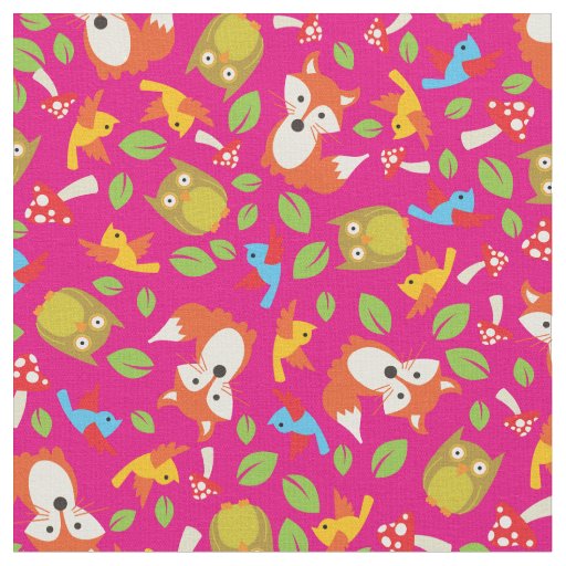 Woodland Forest Animals Pink Fabric