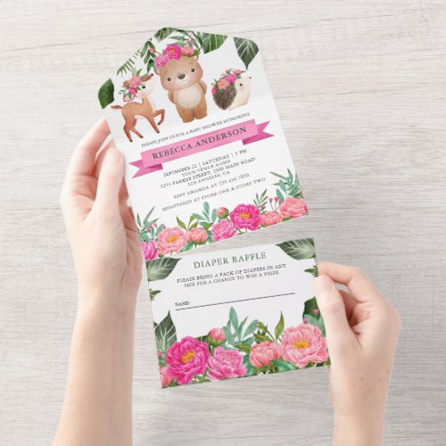 Woodland Forest Animals Pink Floral Baby Shower All In One Invitation