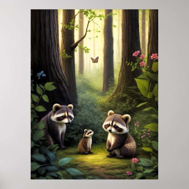 Woodland Forest Animals Raccoon Family AI Art  Poster (Front)