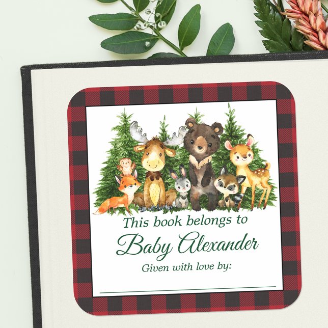 Woodland Forest Animals Shower Plaid Book Labels (Customize to change text size, color or text style.)