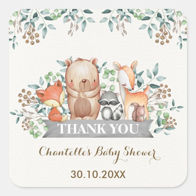 Woodland Forest Animals Thank You Favor Square Sticker (Front)