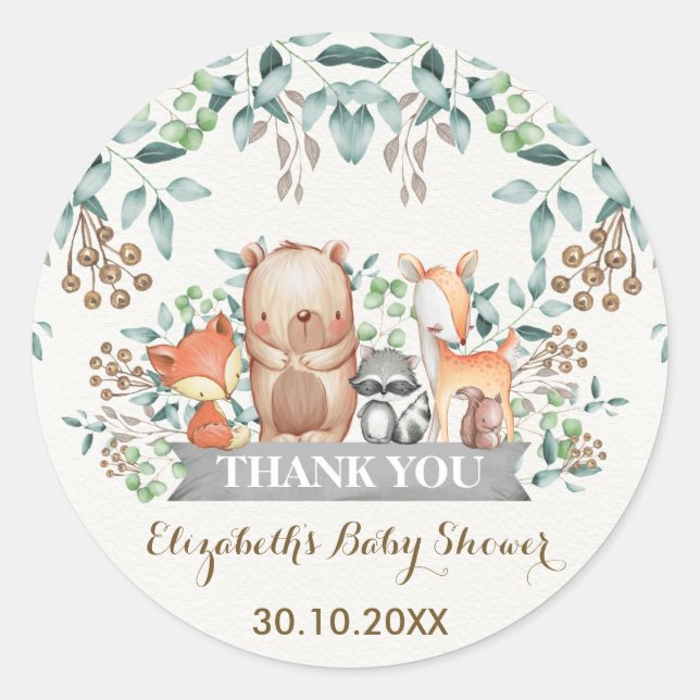 Woodland Forest Animals Thank You Sticker Favors (Front)