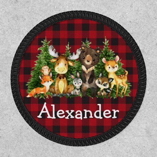 Woodland Forest Animals Trees Plaid Round Patch