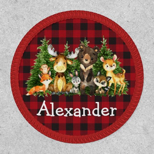 Woodland Forest Animals Trees Red Plaid Round Patch