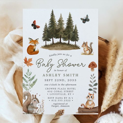 Woodland Forest Animals Watercolor Baby Shower Invitation
