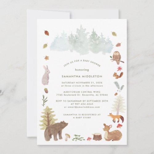 Woodland Forest Animals Watercolor Baby Shower Invitation