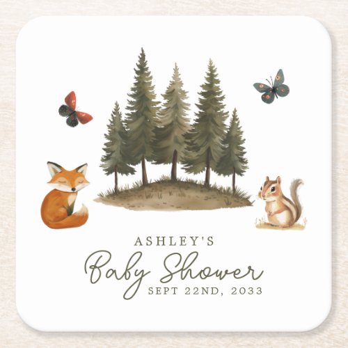 Woodland Forest Animals Watercolor Baby Shower Square Paper Coaster