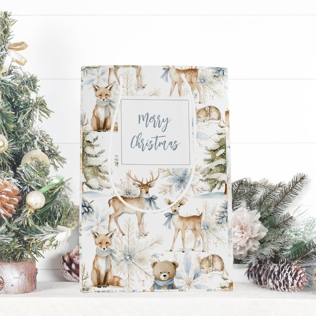Woodland Forest Animals White Blue Christmas Medium Gift Bag (Creator Uploaded)