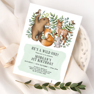 Woodland Forest Animals Wild One Birthday Boy Invitation