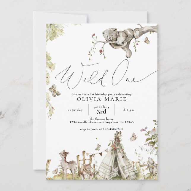 Woodland Forest Animals Wild One First Birthday Invitation (Front)