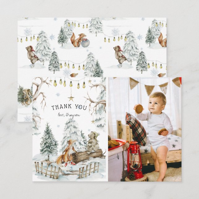 Woodland Forest Animals Winter Birthday Thank You (Front/Back)