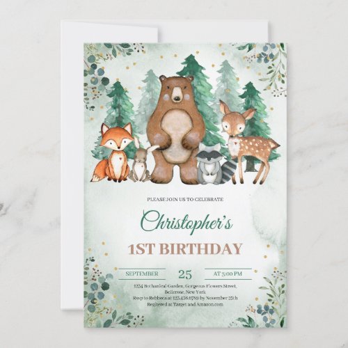 Woodland forest animals winter greenery boy invitation