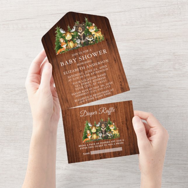 Woodland Forest Animals Wood Shower and Raffle All In One Invitation (Tearaway)