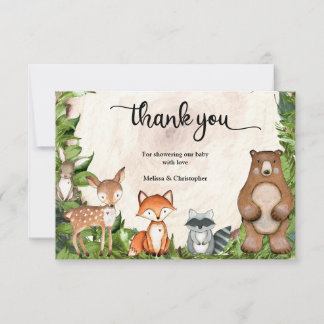 Woodland forest animals wooden slice greenery thank you card