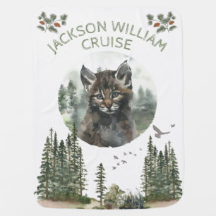 Woodland Forest Baby Animal Bobcat with name Baby Blanket