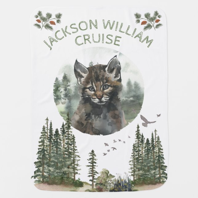 Woodland Forest Baby Animal Bobcat with name Baby Blanket (Front)