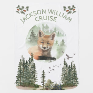 Woodland Forest Baby Animal Fox with name Baby Blanket