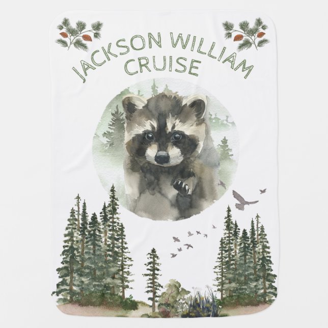 Woodland Forest Baby Animal Raccoon with name Baby Blanket (Front)