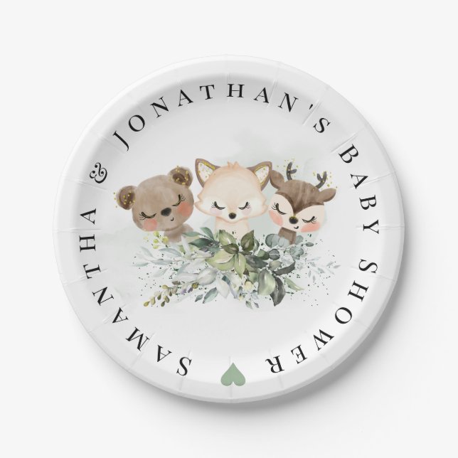 Woodland Forest Baby Animals Baby Shower Paper Plates (Front)