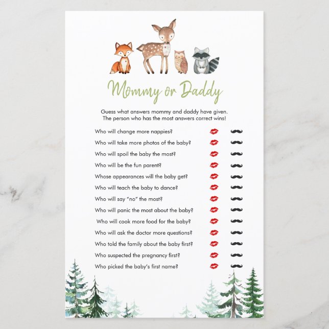 Woodland Forest Baby Shower Mommy or Daddy Game (Front)