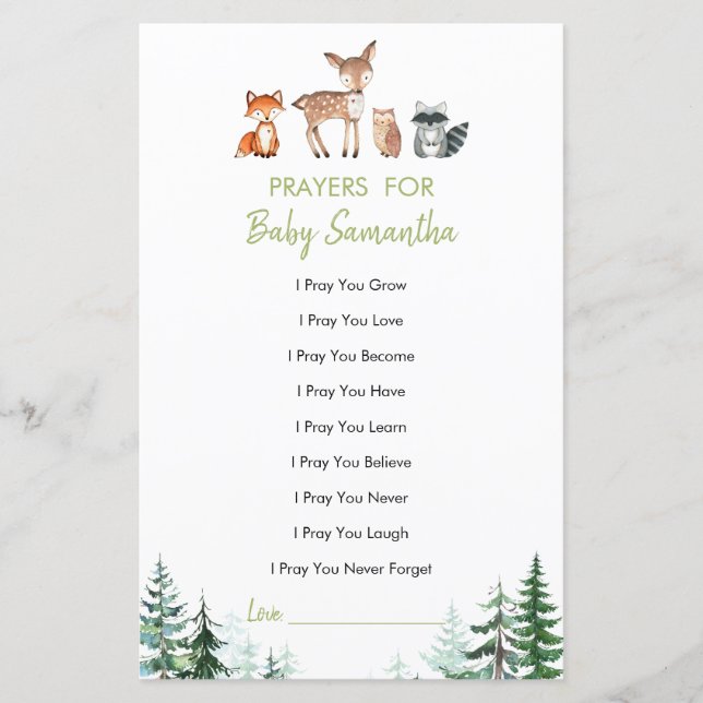 Woodland Forest Baby Shower Prayers for Baby Game (Front)
