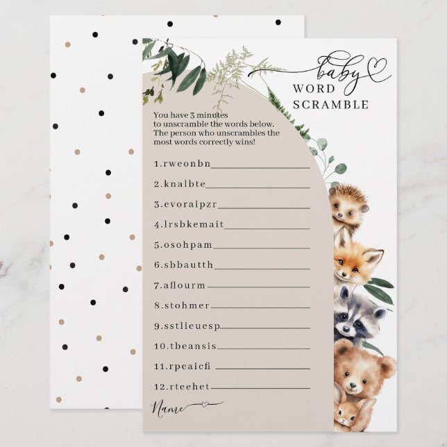 Woodland Forest Baby Shower Scramble Game (Front/Back)