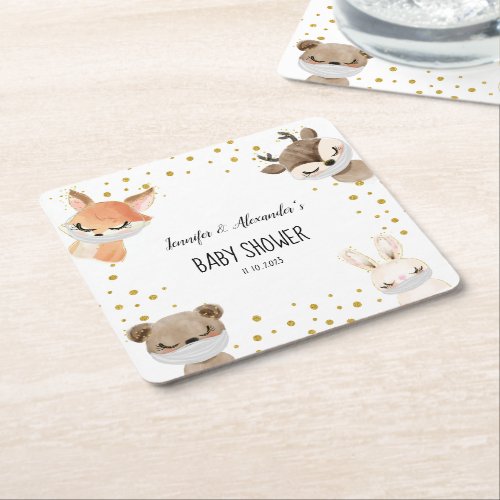 Woodland Forest Baby Shower Square Paper Coaster