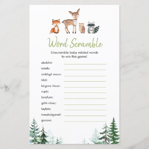 Woodland Forest Baby Shower Word Scramble Game