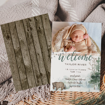 Woodland Forest Bear Photo Birth Announcement by MaggieMart at Zazzle