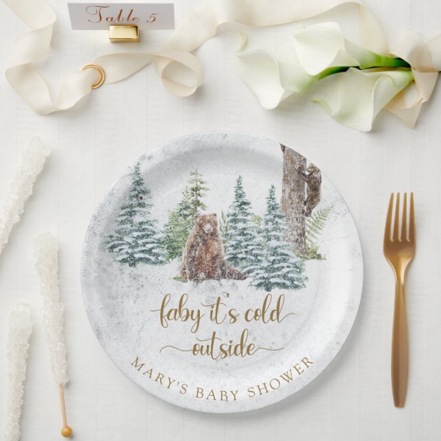 Woodland forest bear winter baby shower paper plates (Wedding)