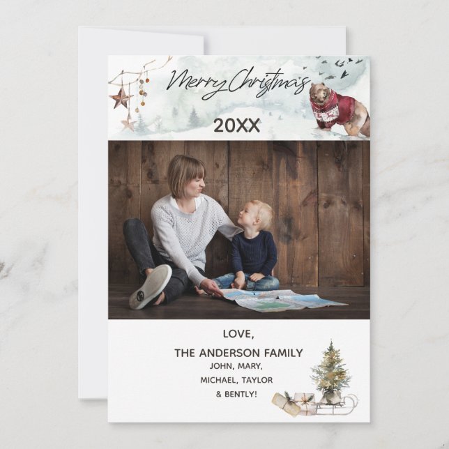 Woodland Forest Bear with Photo Merry Christmas Holiday Card (Front)