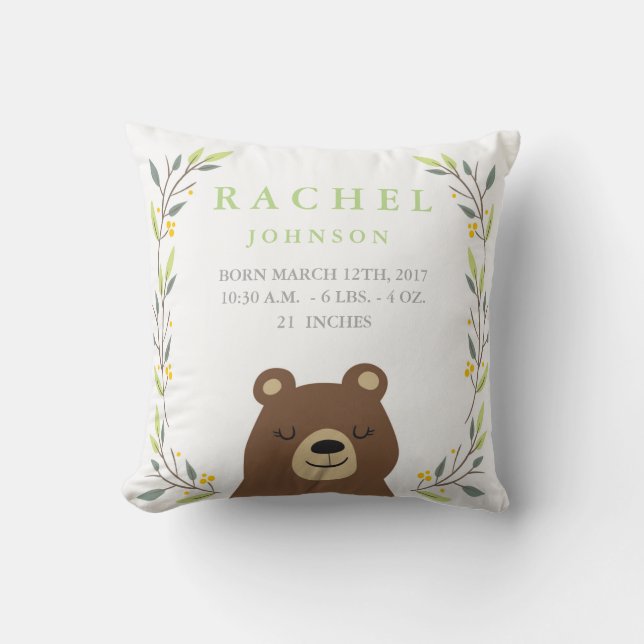 Woodland Forest Birth Stats - Bear Nursery Pillow (Front)