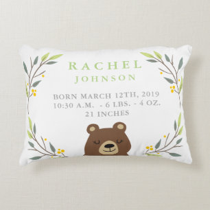 Woodland Forest Birth Stats - Bear Nursery Pillow