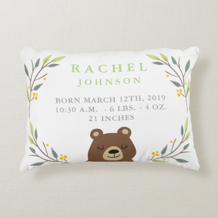 Woodland Forest Birth Stats - Bear Nursery Pillow