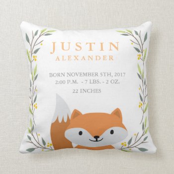 Woodland Forest Birth Stats- Fox Nursery Pillow by OS_Designs at Zazzle