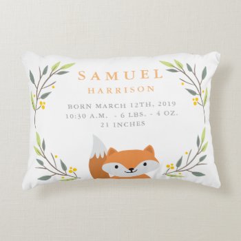Woodland Forest Birth Stats - Fox Nursery Pillow by OS_Designs at Zazzle