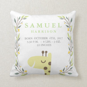 Woodland Forest Birth Stats-Giraffe Nursery Pillow