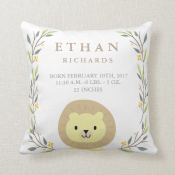 Woodland Forest Birth Stats- Lion Nursery Pillow by OS_Designs at Zazzle