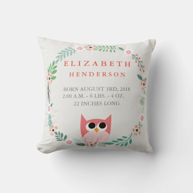 Woodland Forest Birth Stats Owl Nursery Pillow (Front)