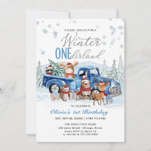 Woodland Forest Blue Truck ONEderland 1st Birthday Invitation