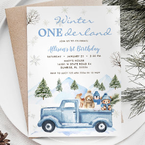 Woodland Forest Blue Truck ONEderland 1st Birthday Invitation